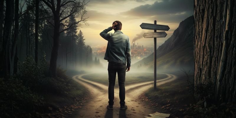 Pessoa confusa em encruzilhada - representando indecisão e falta de clareza sobre caminhos de vida